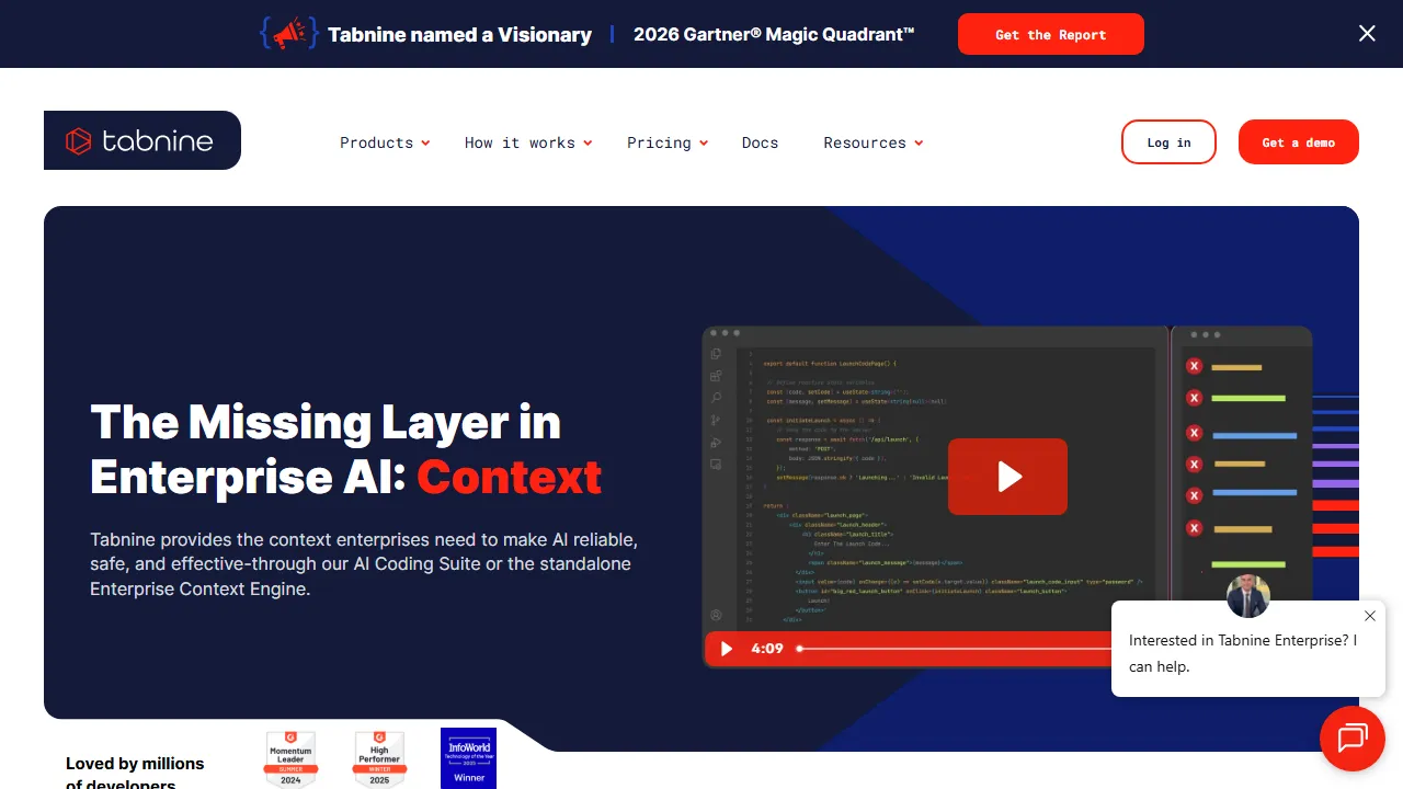 Tabnine homepage, code AI tool