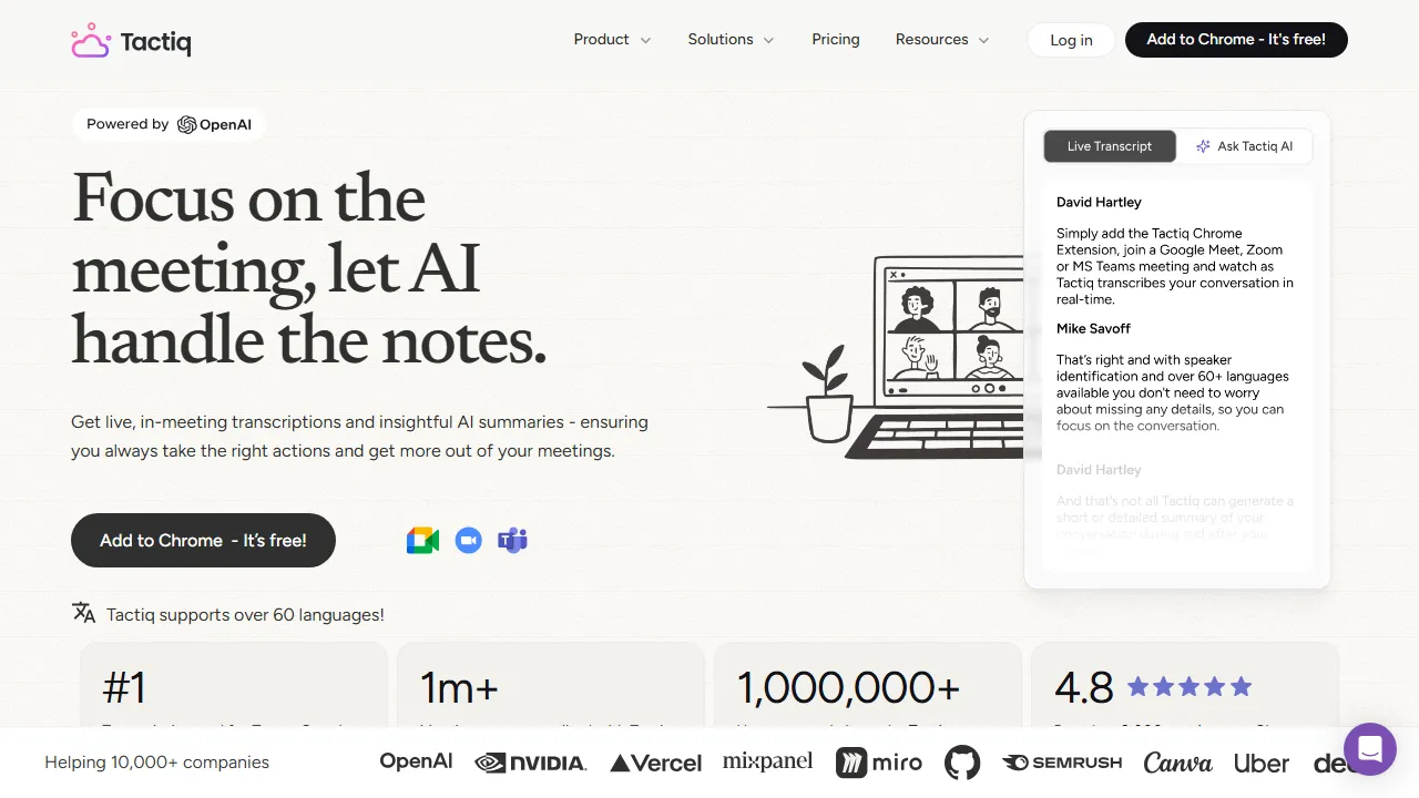 Tactiq homepage, productivity AI tool