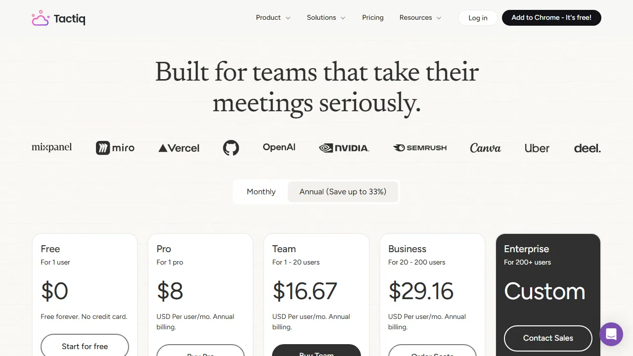 Tactiq pricing page: plans and rates