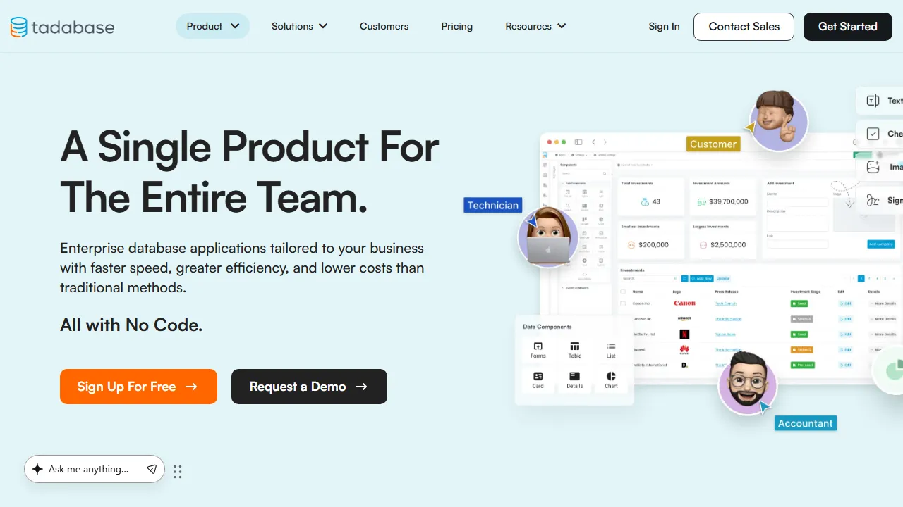 Tadabase features, no-code AI tool