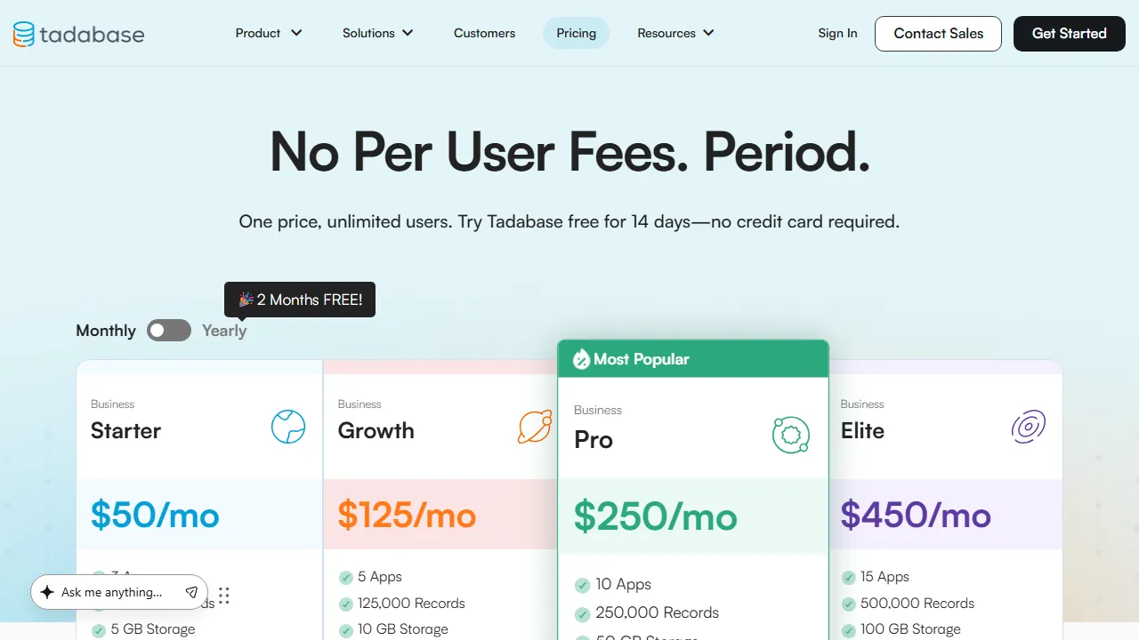 Tadabase pricing page: plans and rates