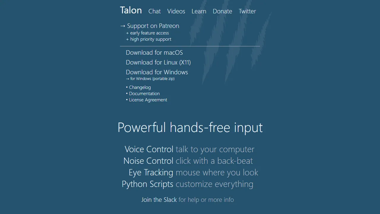 Talon Voice homepage, code AI tool
