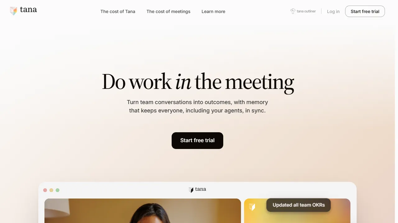 Tana homepage, productivity AI tool