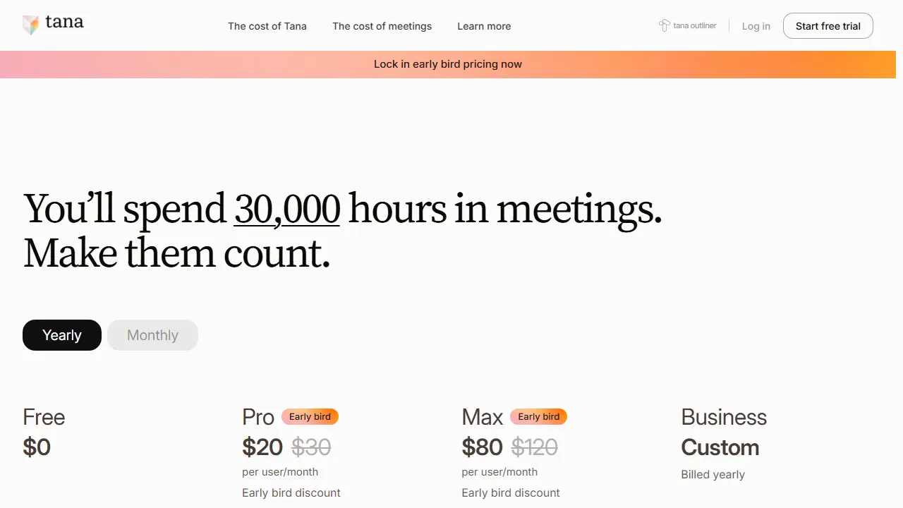 Tana pricing page: plans and rates