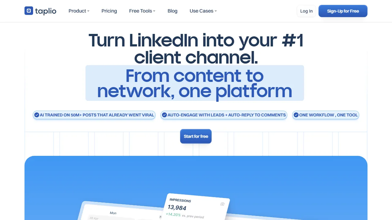 Taplio homepage, marketing & seo AI tool