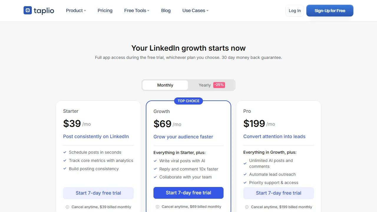 Taplio pricing page: plans and rates