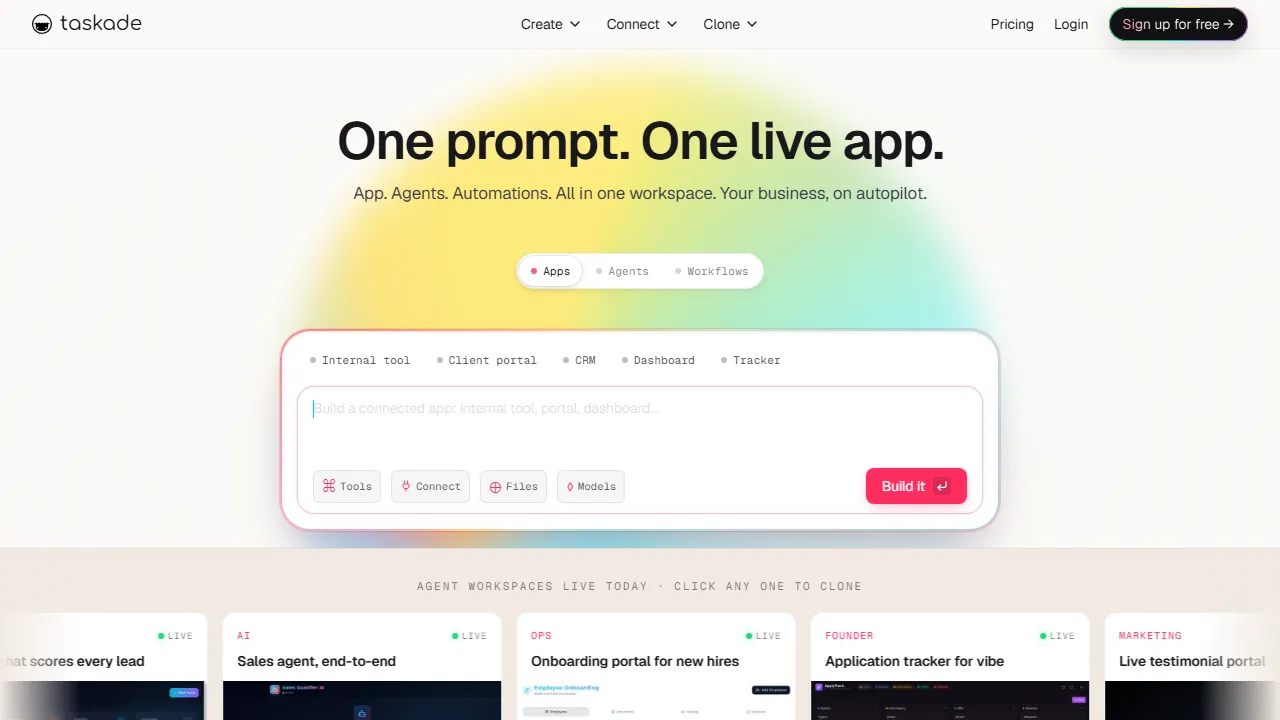 Taskade homepage, productivity AI tool