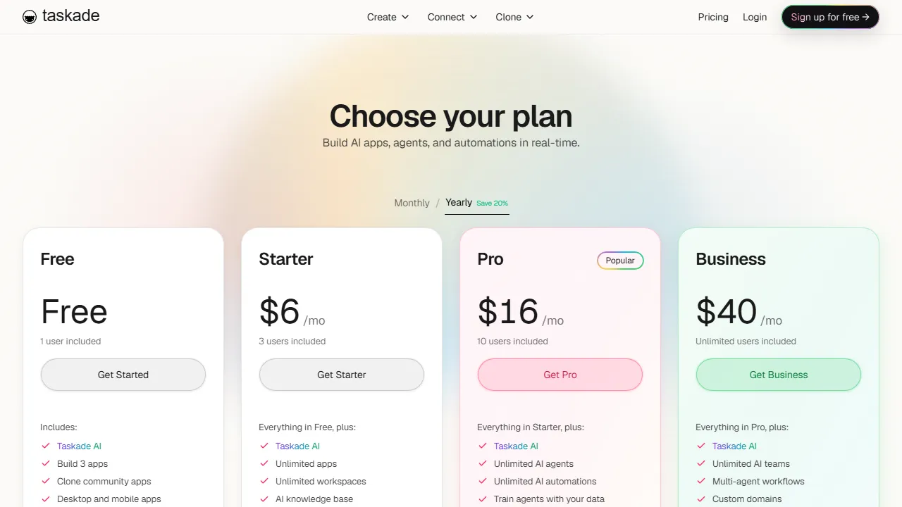 Taskade pricing page: plans and rates