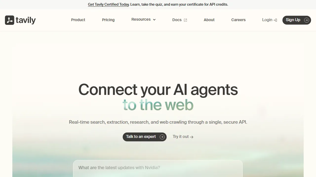 Tavily homepage, search AI tool