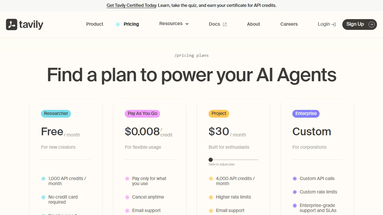Tavily pricing page: plans and rates