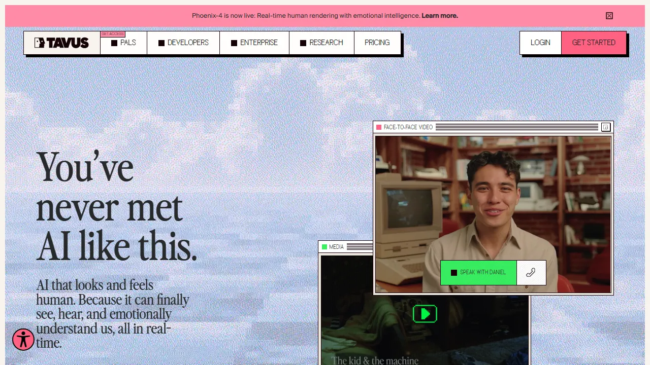 Tavus homepage, video AI tool