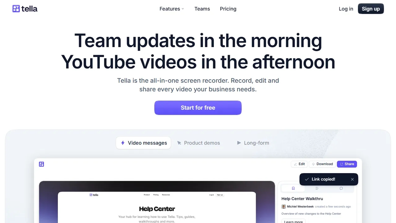 Tella homepage, video AI tool