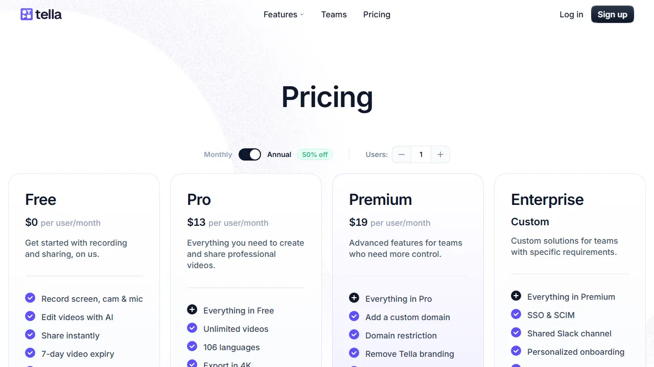 Tella pricing page: plans and rates