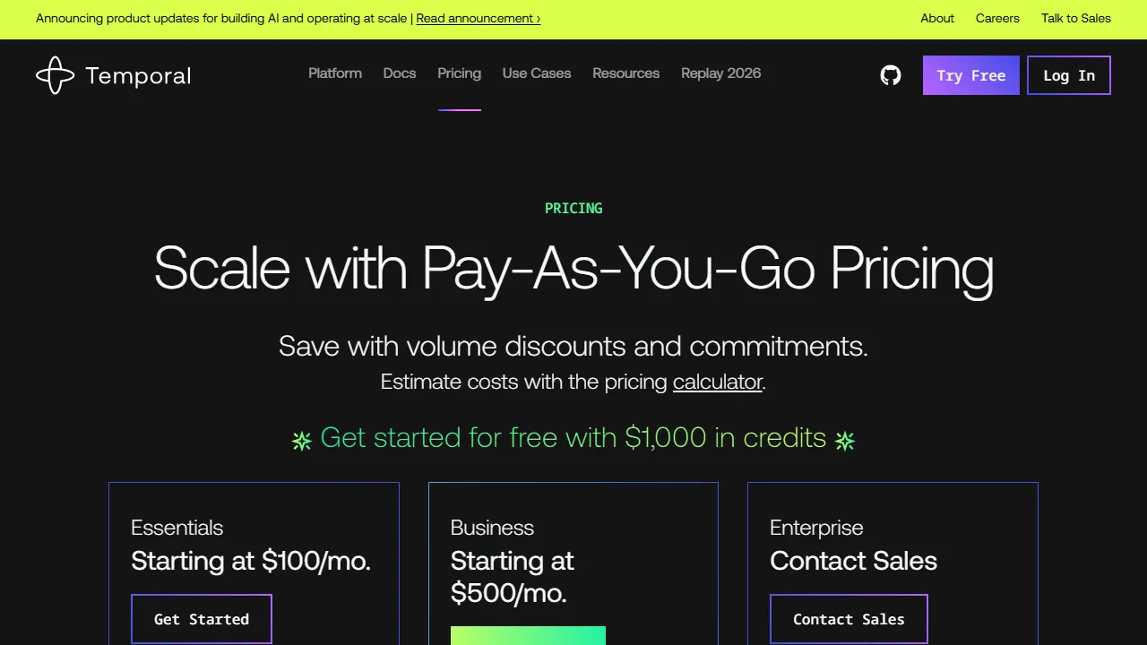 Temporal pricing page: plans and rates
