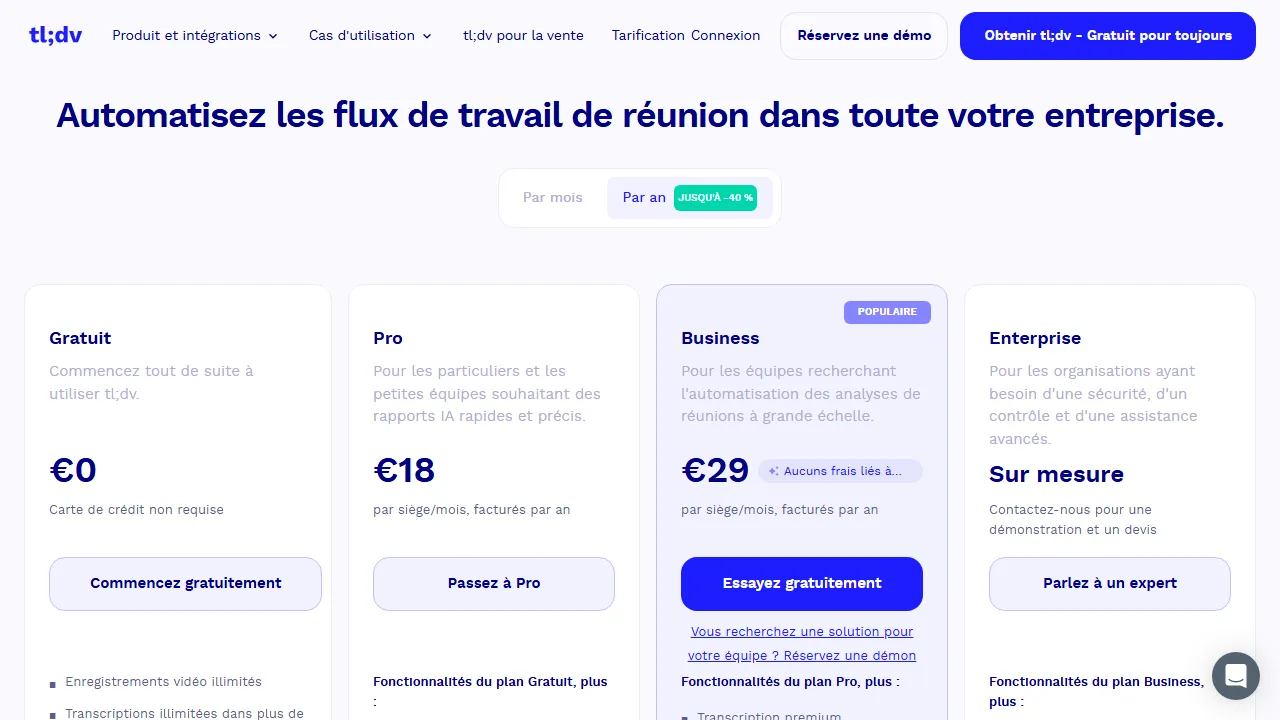 tl;dv pricing page: plans and rates