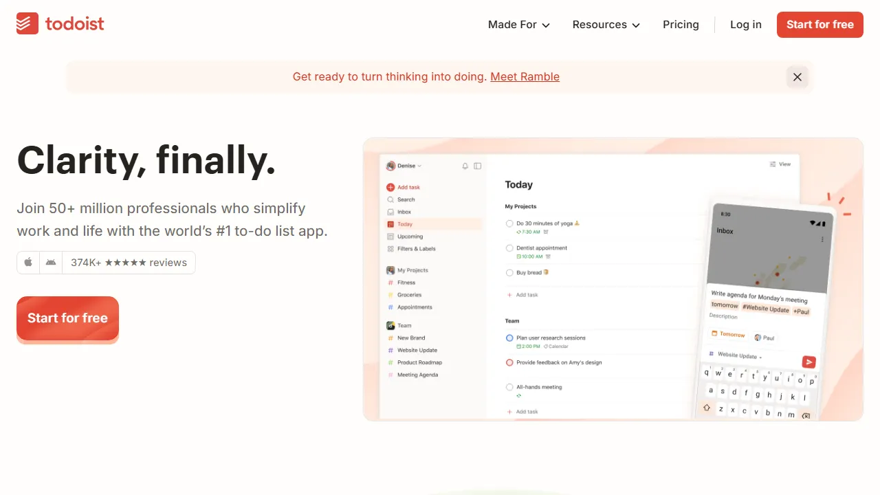 Todoist AI homepage, productivity AI tool