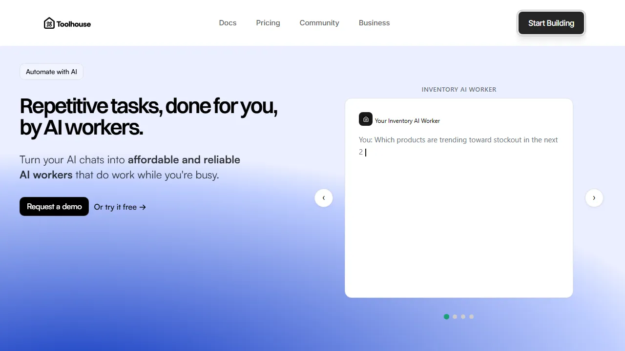 Toolhouse homepage, mcp & connectors AI tool