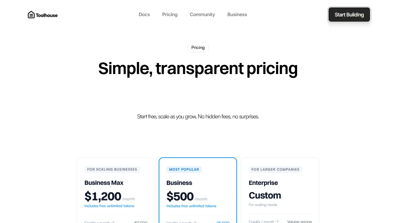 Toolhouse pricing page: plans and rates
