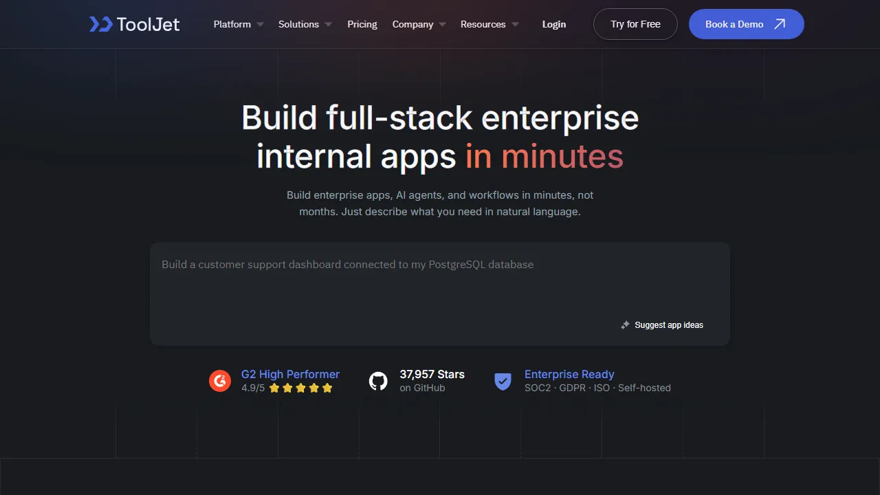 Tooljet homepage, no-code AI tool