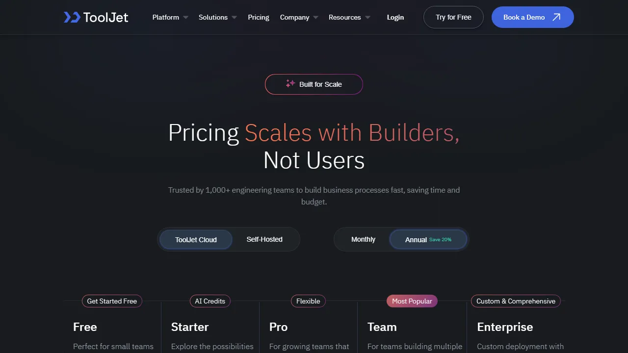 Tooljet pricing page: plans and rates