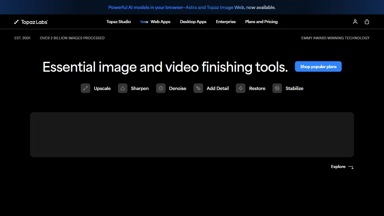 Topaz Video AI homepage, video AI tool