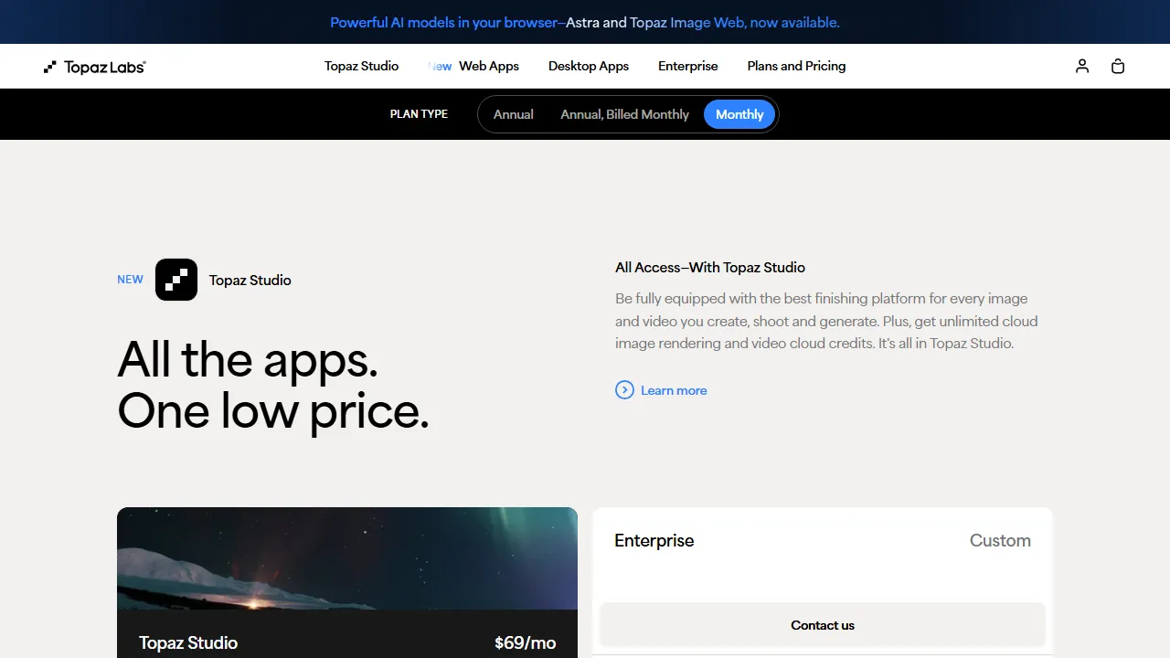 Topaz Video AI pricing page: plans and rates