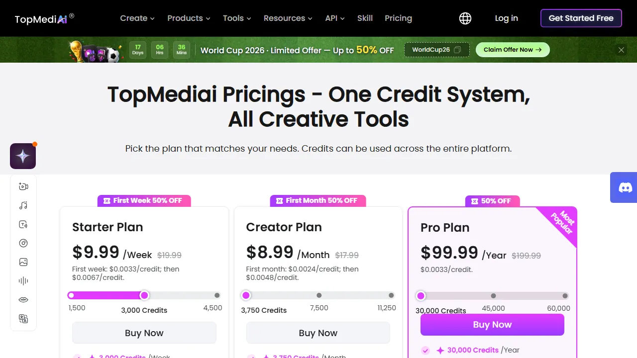 Topmediai pricing page: plans and rates