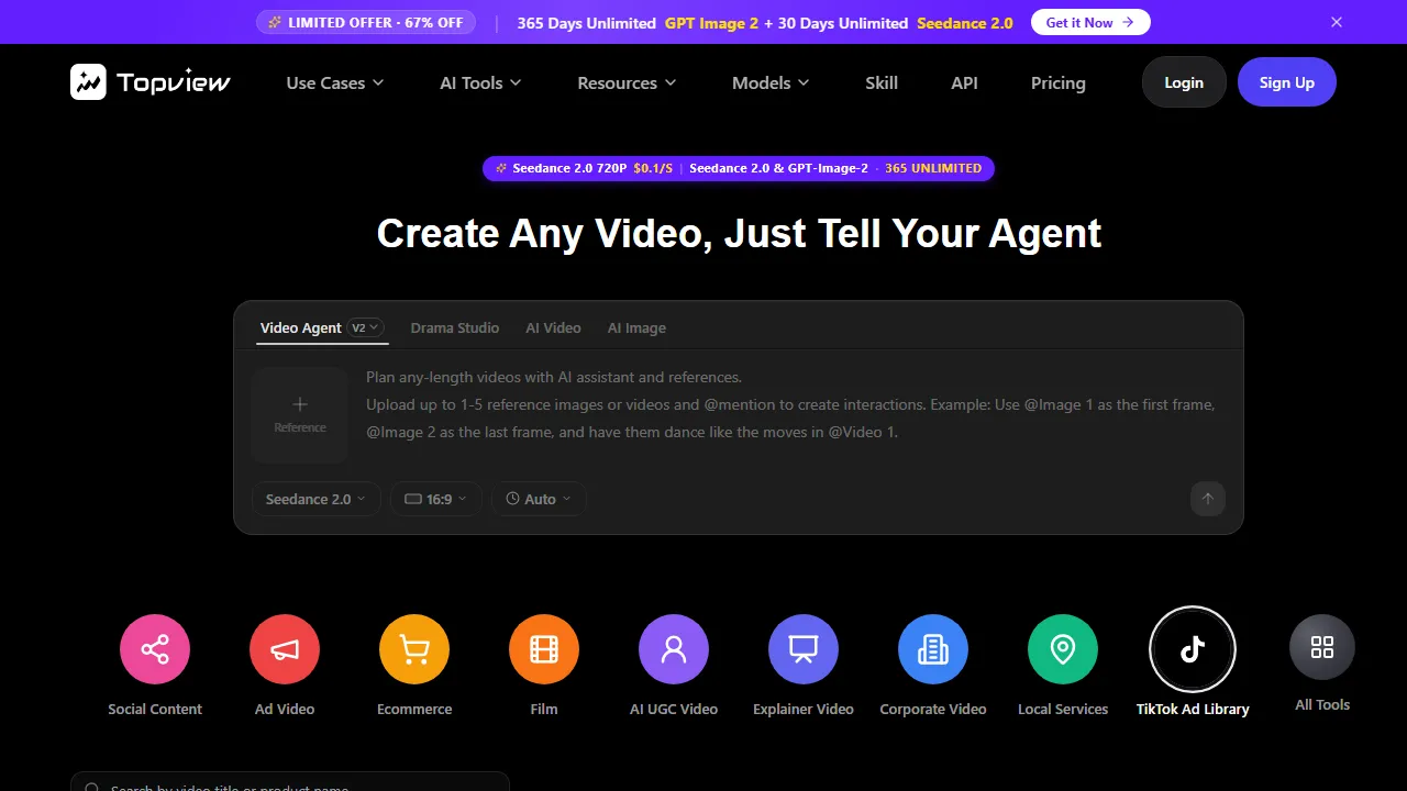 Topview AI homepage, video AI tool