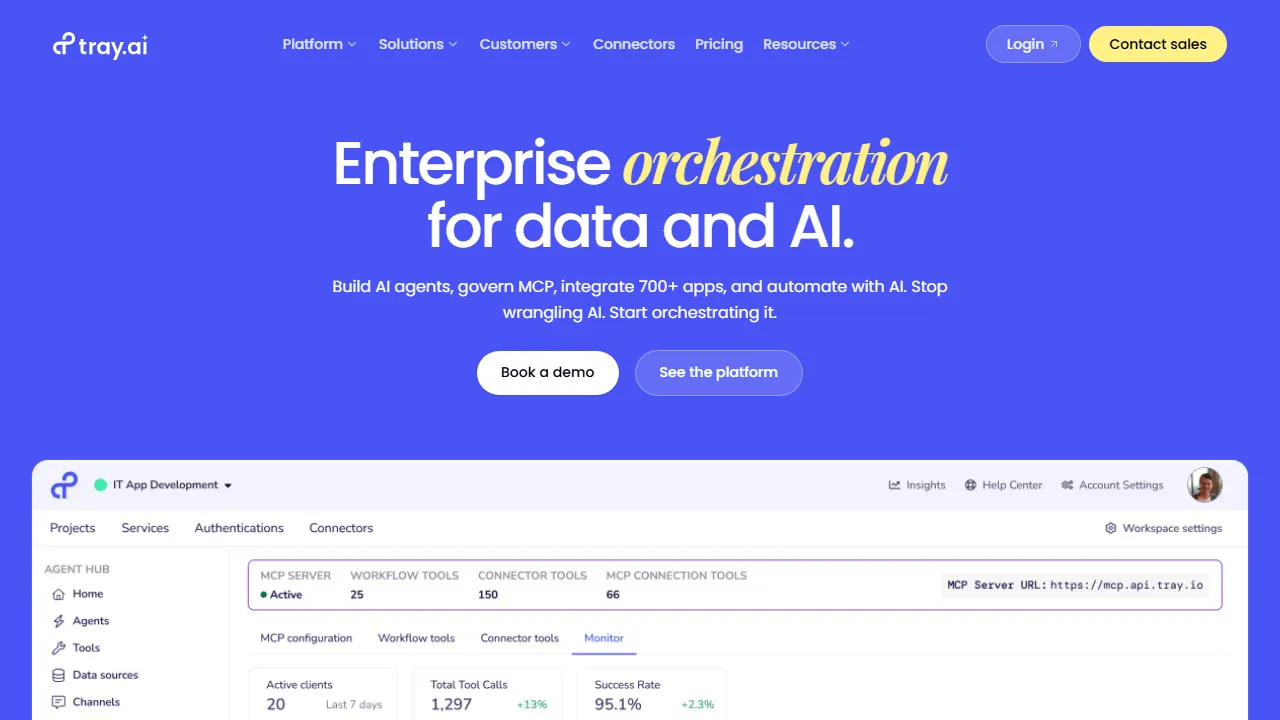 Tray.io homepage, automation AI tool
