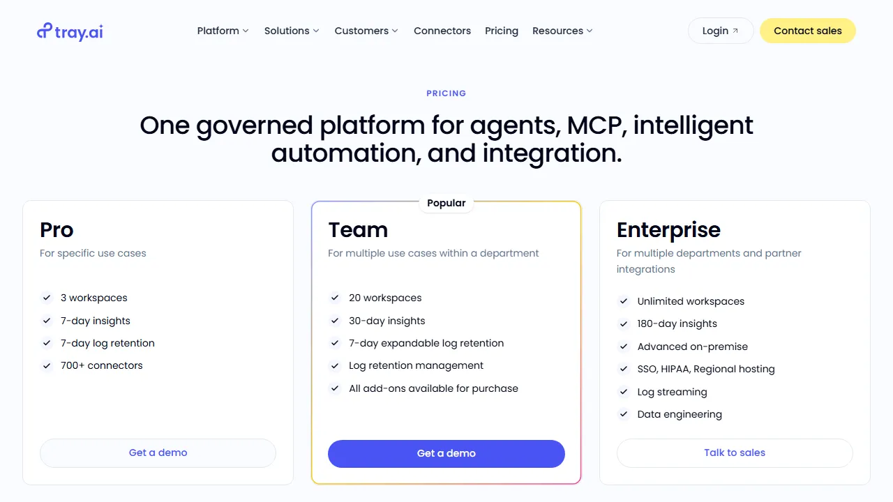 Tray.io pricing page: plans and rates