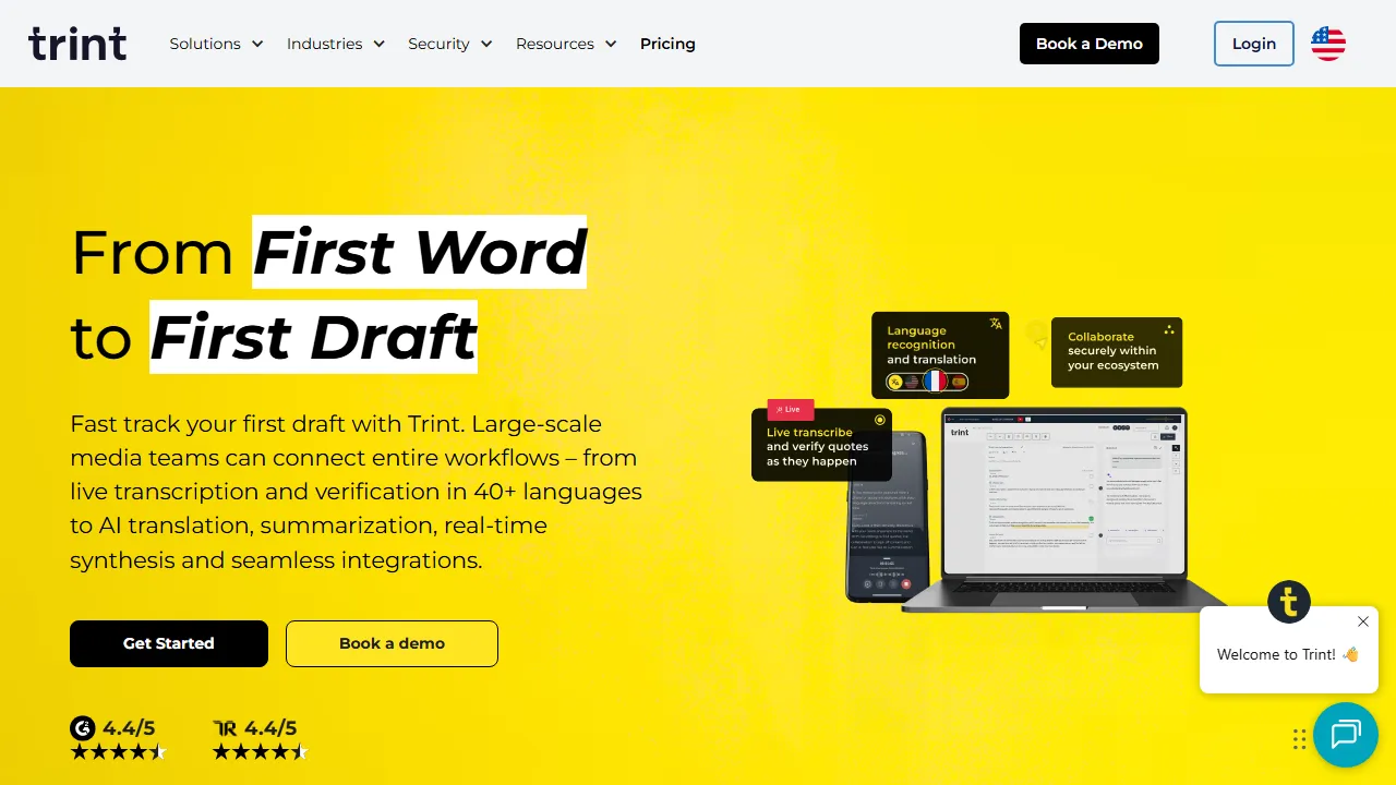 Trint homepage, transcription & meetings AI tool