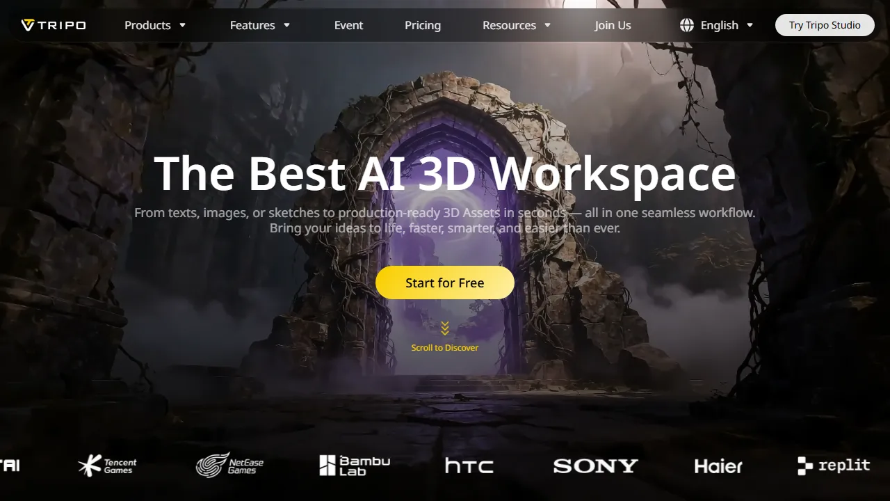 Tripo homepage, 3d & modeling AI tool