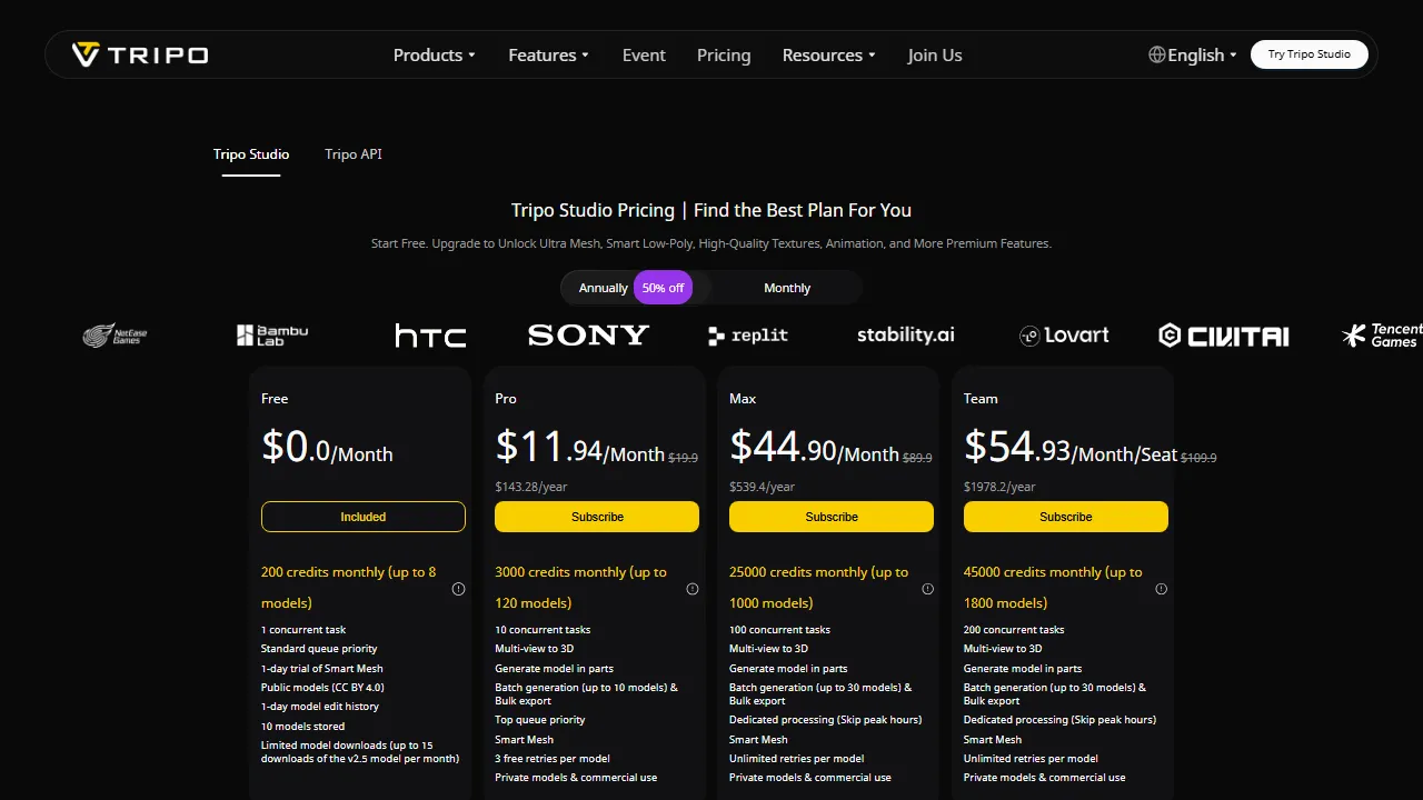 Tripo pricing page: plans and rates