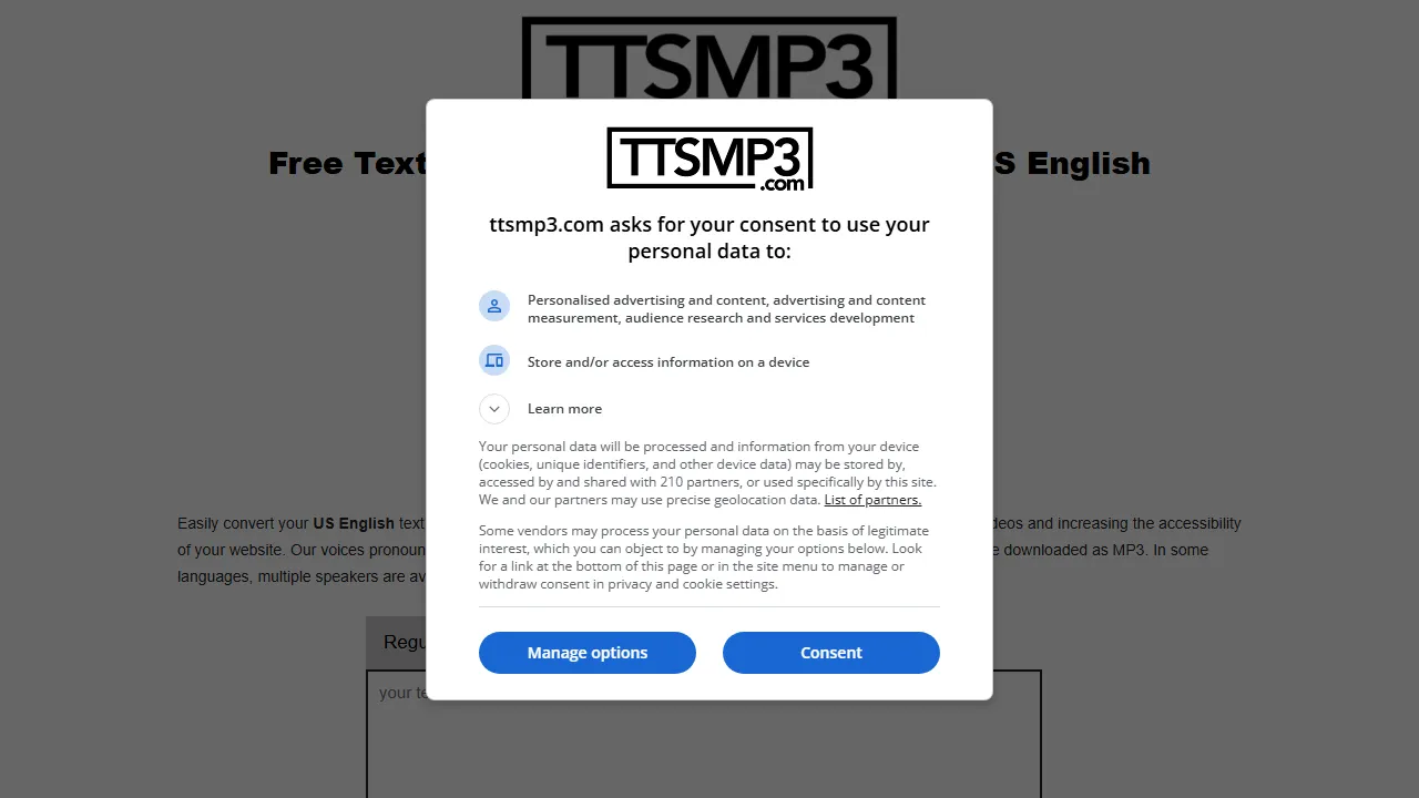 TTSMP3 homepage, voice & audio AI tool