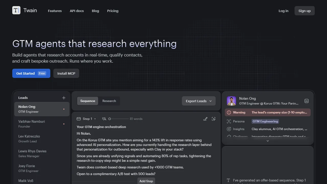 Twain homepage, customer support & sales AI tool