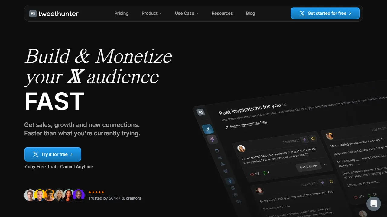 Tweet Hunter homepage, marketing & seo AI tool