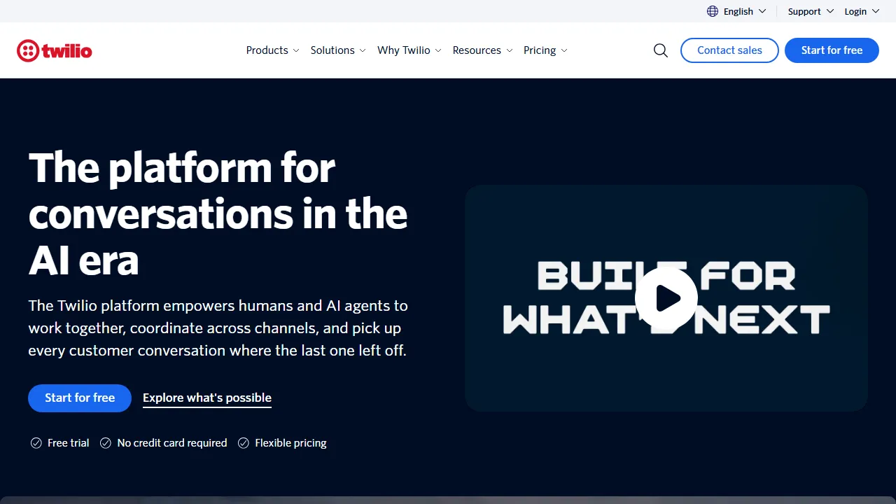Twilio Flex homepage, customer support & sales AI tool