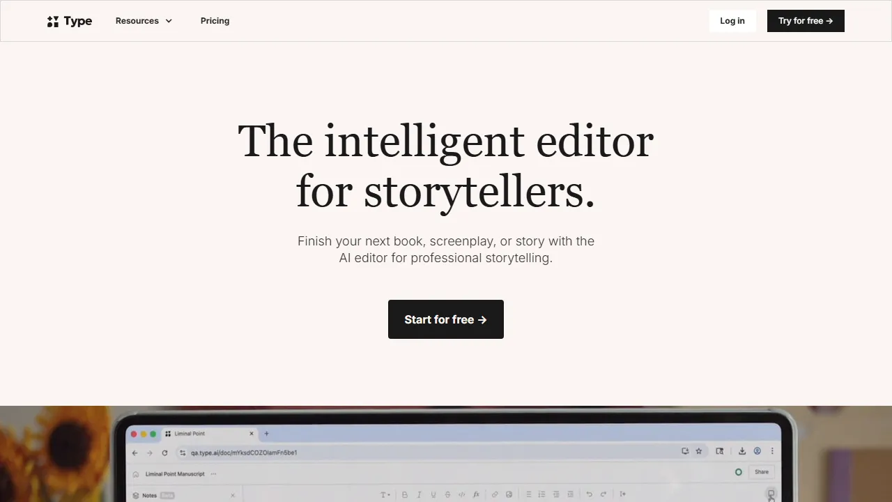 Type homepage, writing AI tool