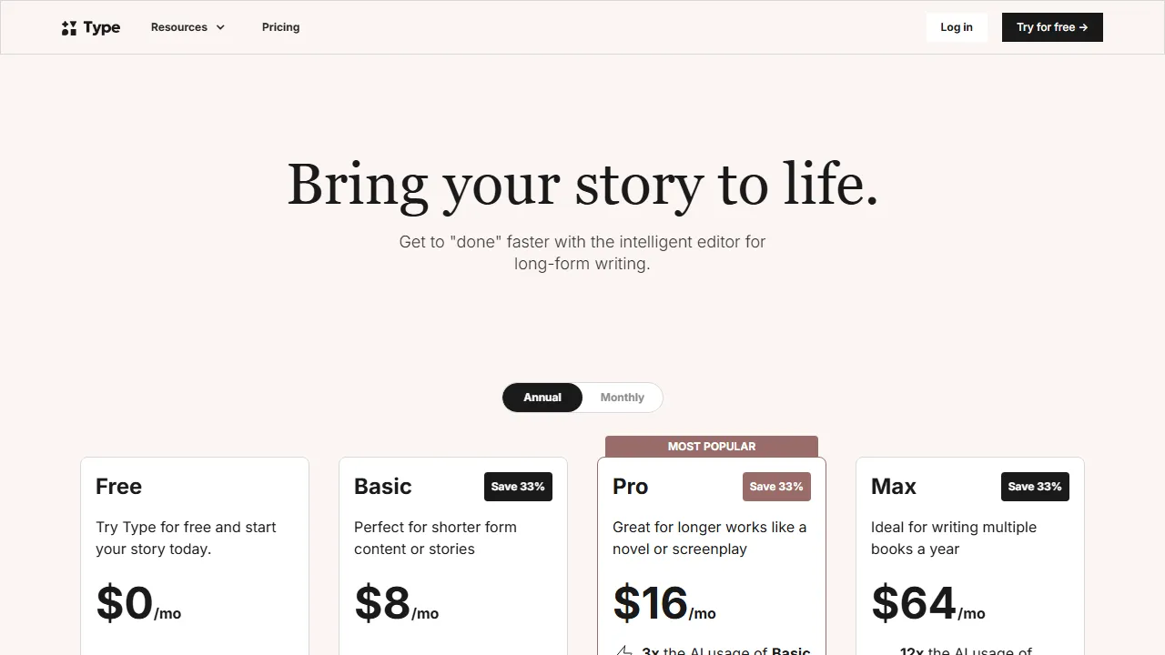Type pricing page: plans and rates
