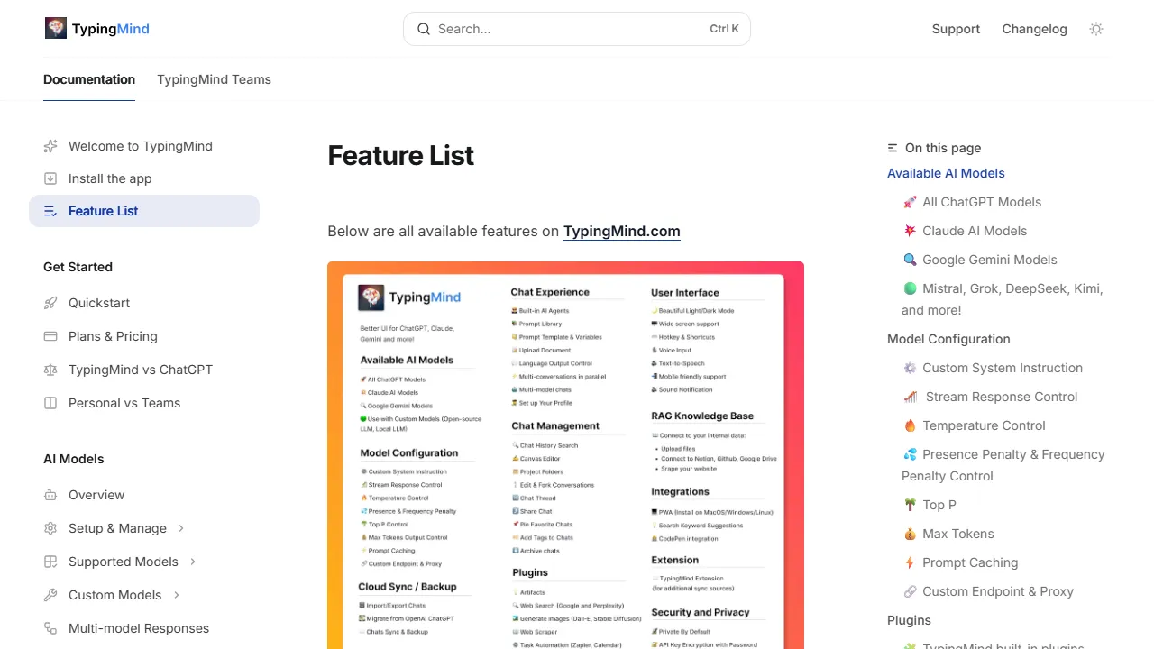TypingMind features, chat & models AI tool