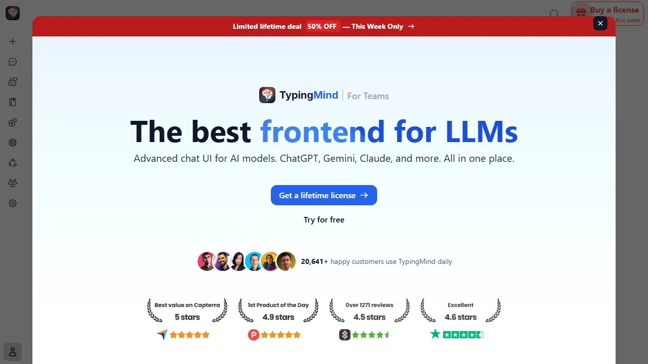 TypingMind homepage, chat & models AI tool
