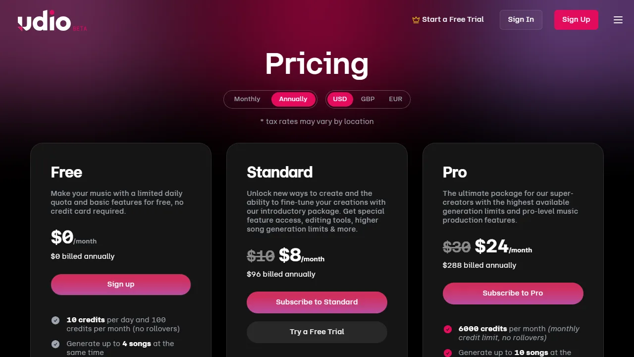 Udio pricing page: plans and rates