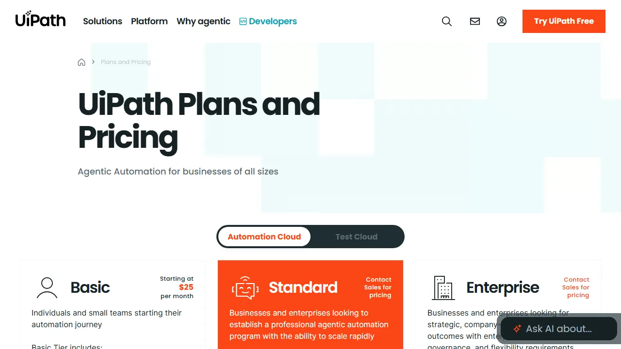 UiPath pricing page: plans and rates