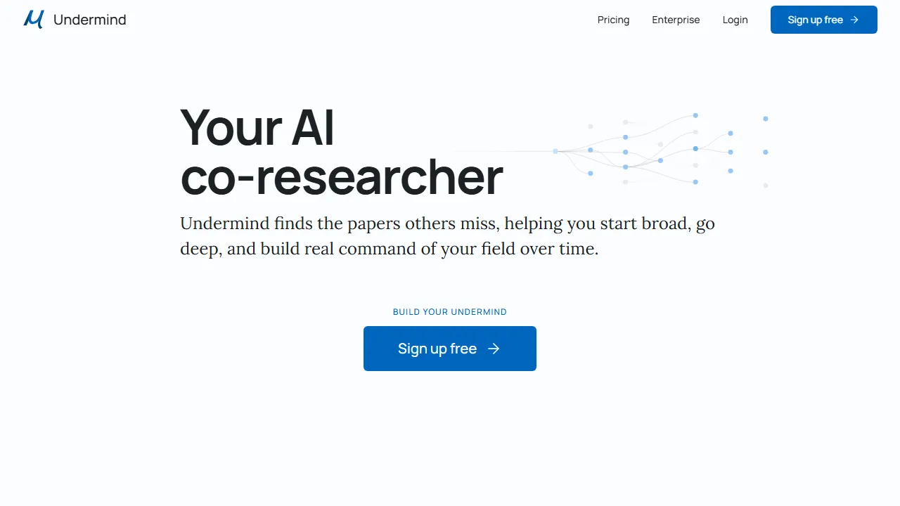 Undermind homepage, search AI tool