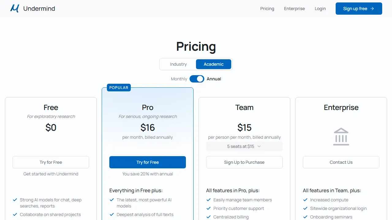 Undermind pricing page: plans and rates