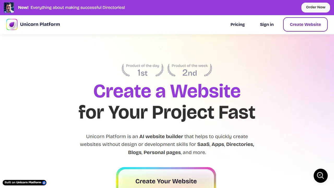 Unicorn Platform homepage, no-code AI tool