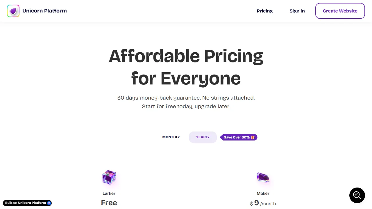 Unicorn Platform pricing page: plans and rates