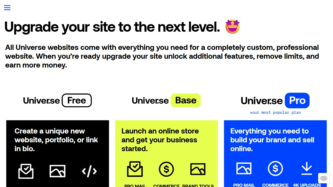 Universe pricing page: plans and rates