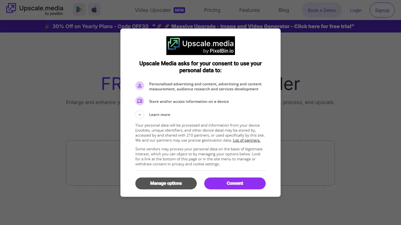 Upscale.media homepage, image AI tool