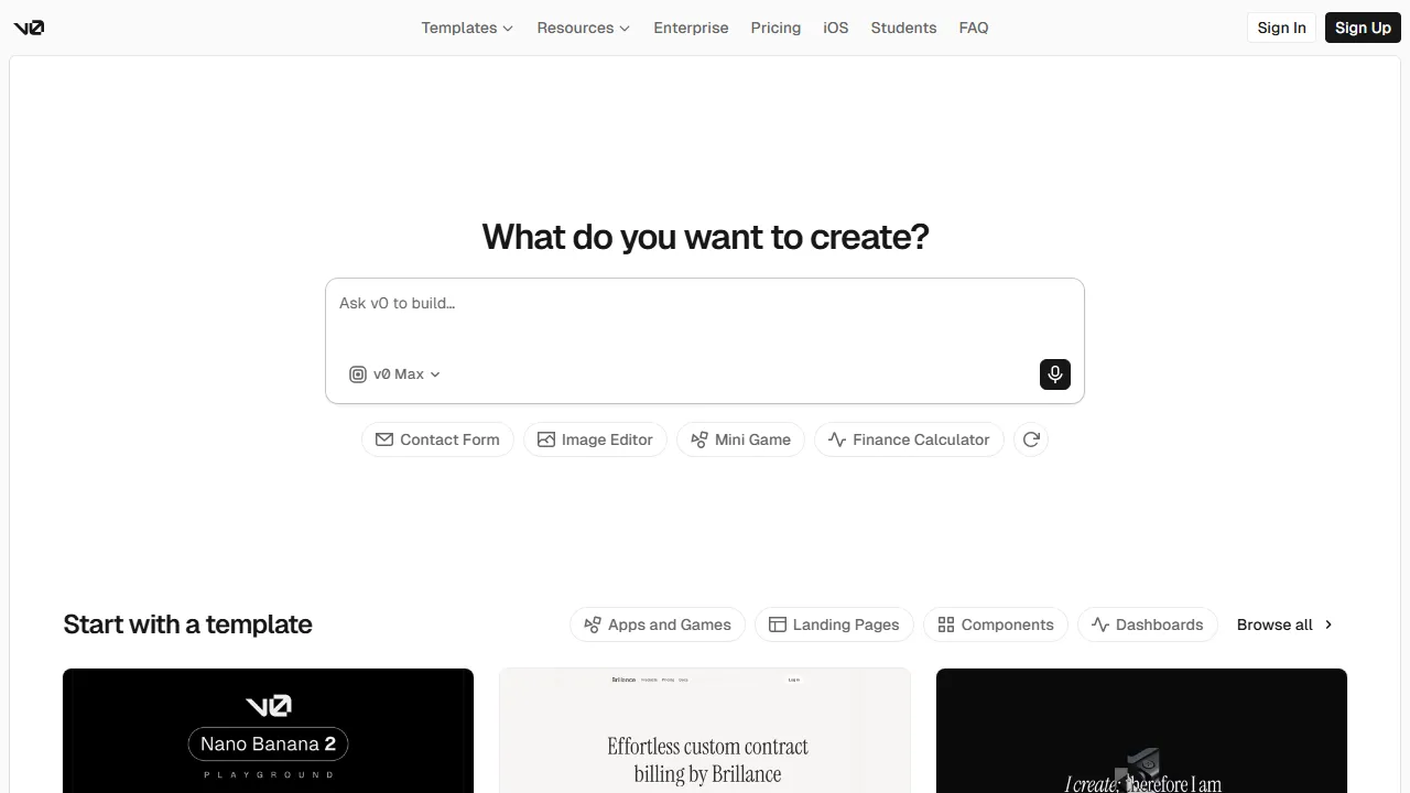 v0 homepage, no-code AI tool